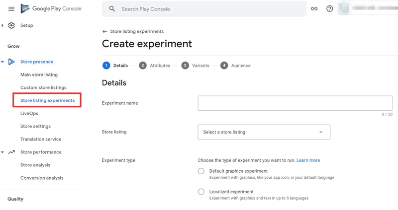 create an experiment using Play Console