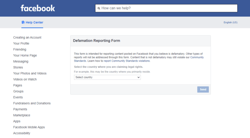 Facebook’s Defamation Reporting Form