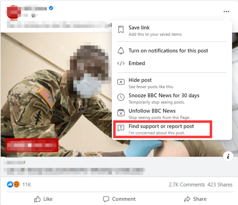 Facebook Find support or report post